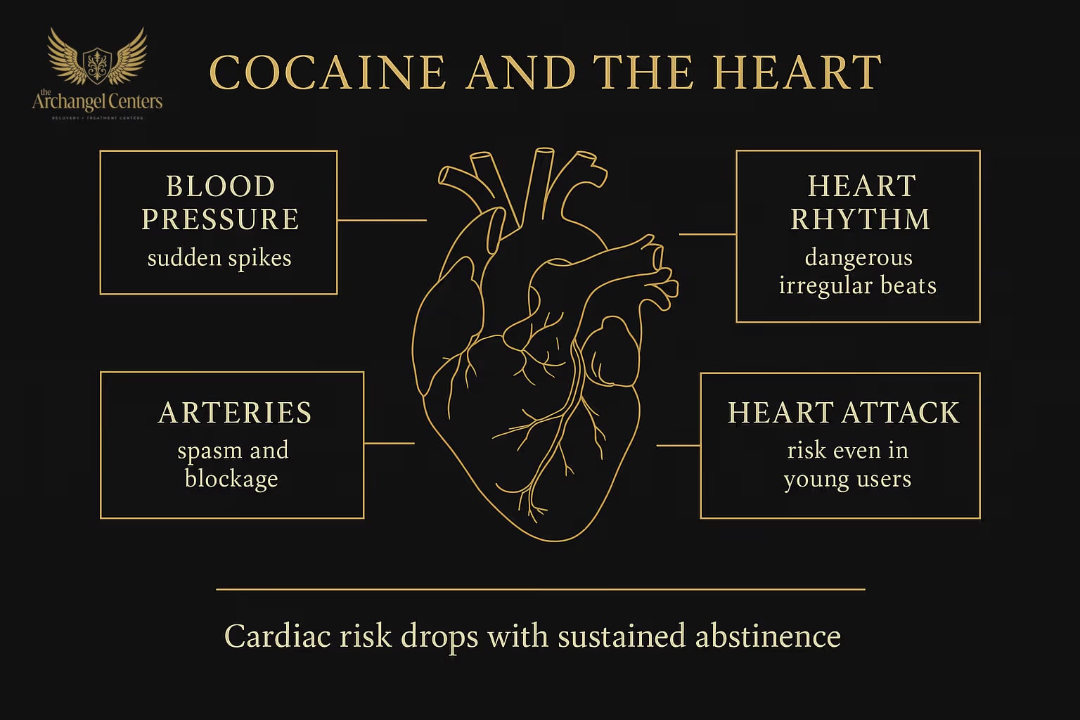 Cocaine and the Heart: cocaine drives acute hypertension and tachycardia, coronary artery spasm and myocardial infarction even in young users, arrhythmias including sudden cardiac death, cardiomyopathy in chronic users, and aortic dissection in extreme cases.