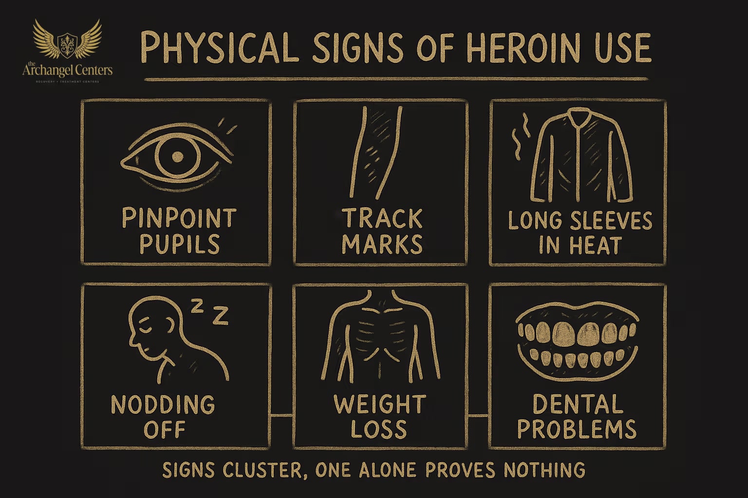 Physical Signs of Heroin Use: pinpoint pupils during use, track marks along arms and legs, nodding off mid-conversation, weight loss, and long sleeves in hot weather are common observable signs of active heroin use disorder.