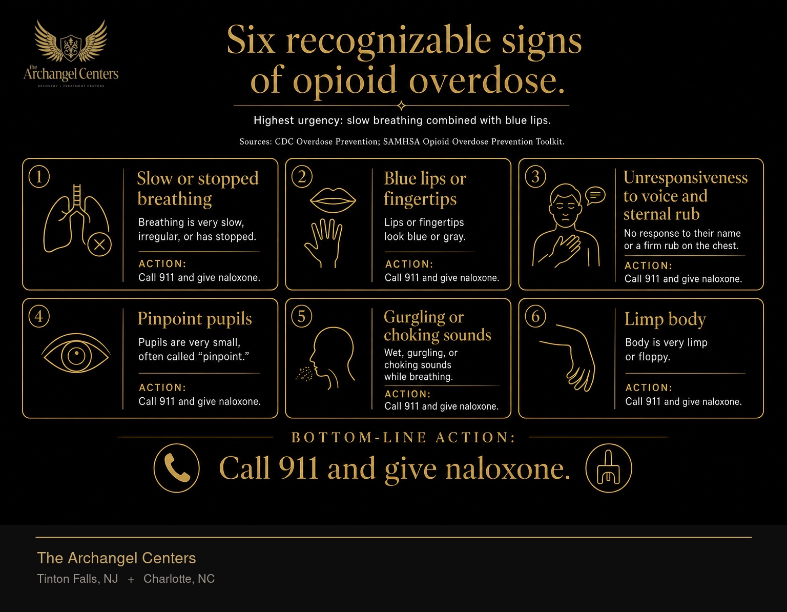 Six signs of opioid overdose with what each one looks like and the action it should trigger. The two highest-urgency signs, marked in gold, are slow or stopped breathing and blue lips or fingertips. The other four signs are unresponsiveness to voice and sternal rub, pinpoint pupils, gurgling or choking sounds, and limp body. The bottom-line action is call 911 and give naloxone.