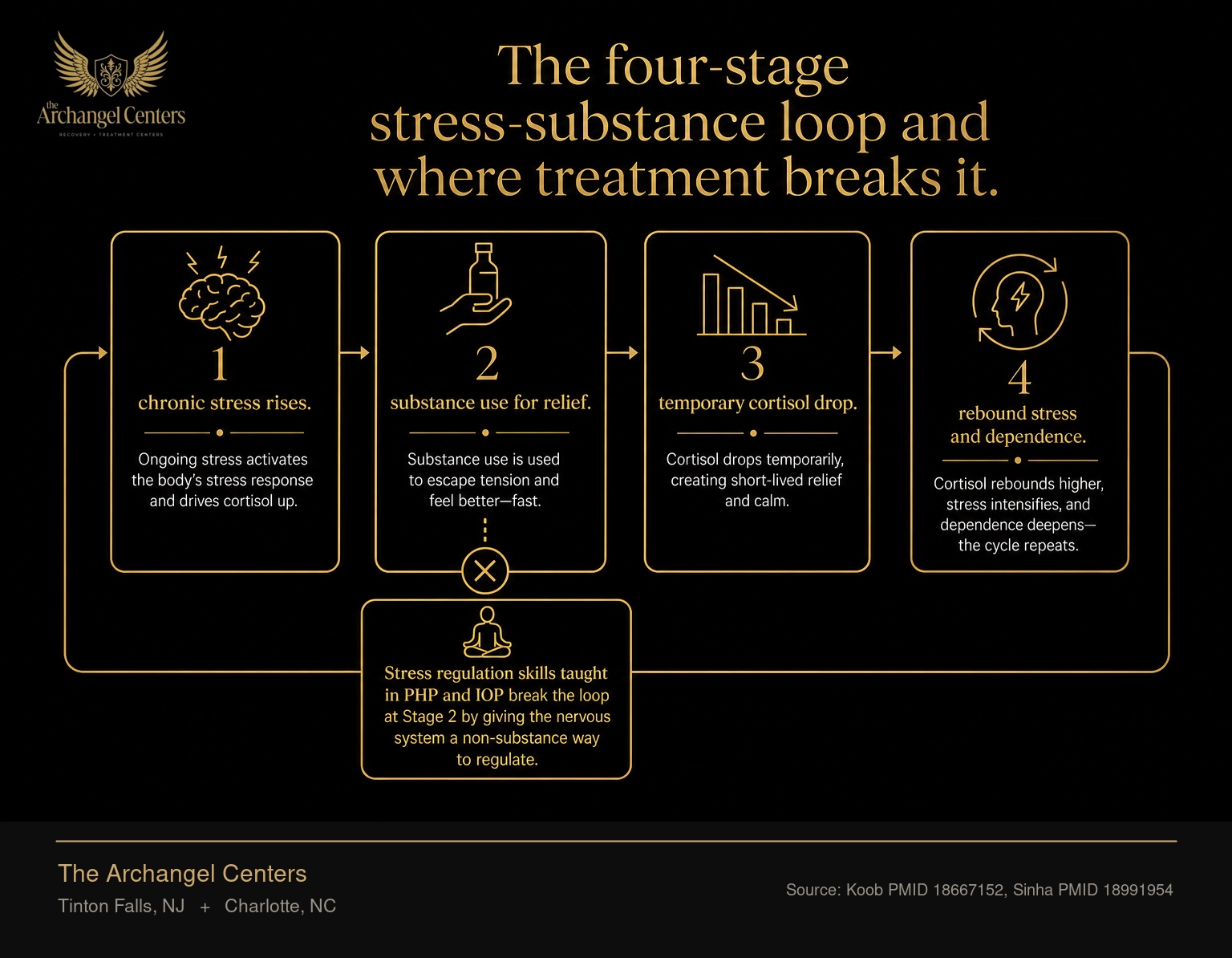 The stress-and-substance cycle that drives relapse. Stage 1 chronic stress rises. Stage 2 substance use for relief. Stage 3 temporary cortisol drop. Stage 4 rebound stress and dependence. The cycle repeats. Stress regulation skills taught in PHP and IOP break the loop at Stage 2 by giving the nervous system a non-substance way to regulate.