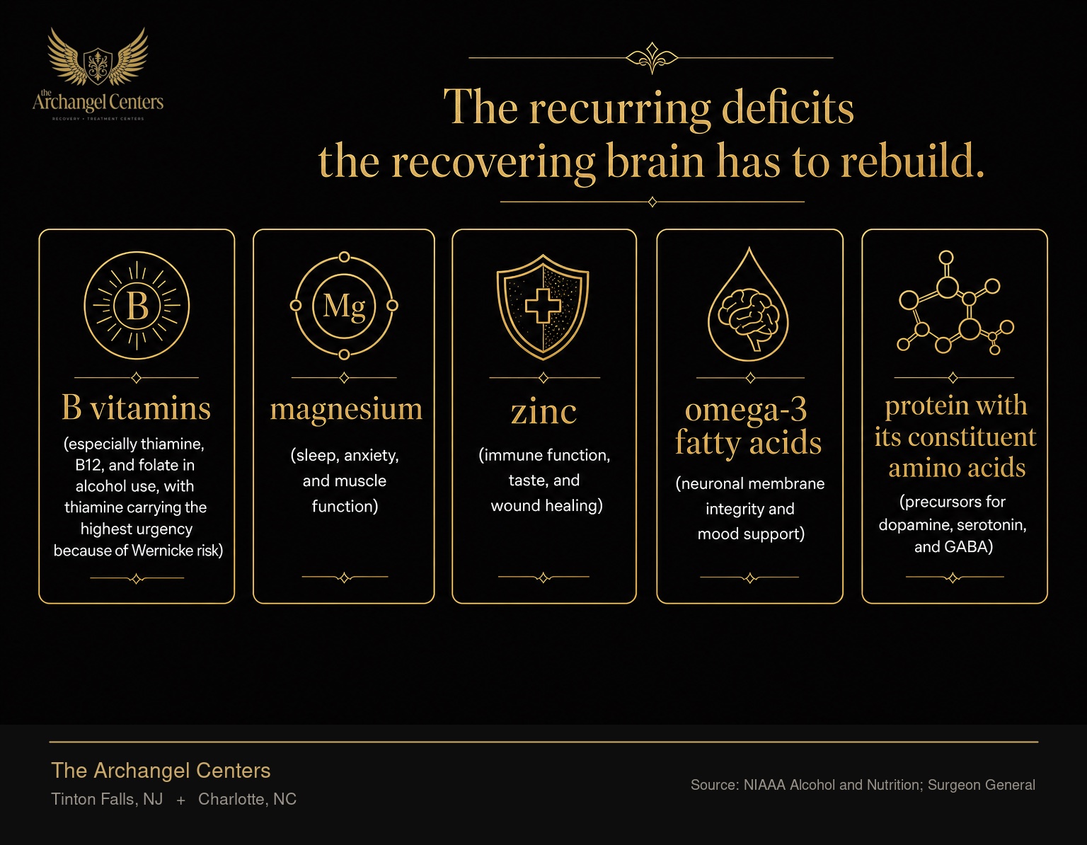 Five nutrients commonly depleted by chronic substance use: B vitamins (especially thiamine, B12, and folate in alcohol use, with thiamine carrying the highest urgency because of Wernicke risk), magnesium (sleep, anxiety, and muscle function), zinc (immune function, taste, and wound healing), omega-3 fatty acids (neuronal membrane integrity and mood support), and protein with its constituent amino acids (precursors for dopamine, serotonin, and GABA).